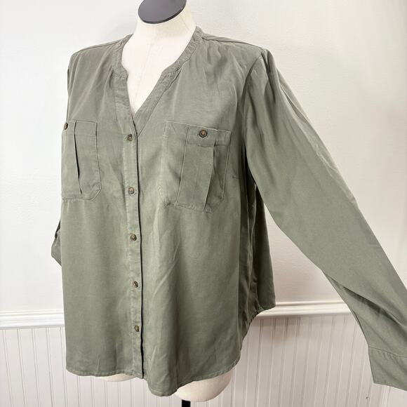 J Jill Plus Size 2X Top Button Up 100% Tencel Olive Green Roll Tab Sleeve V Neck - Picture 14 of 14